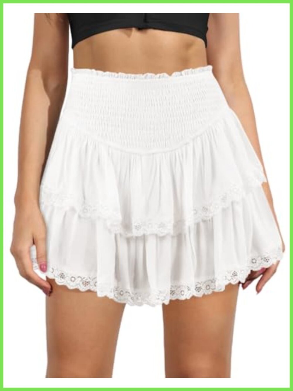 Rayon Ruffle Mini Skirt with Built-in Shorts Smocked Waist
